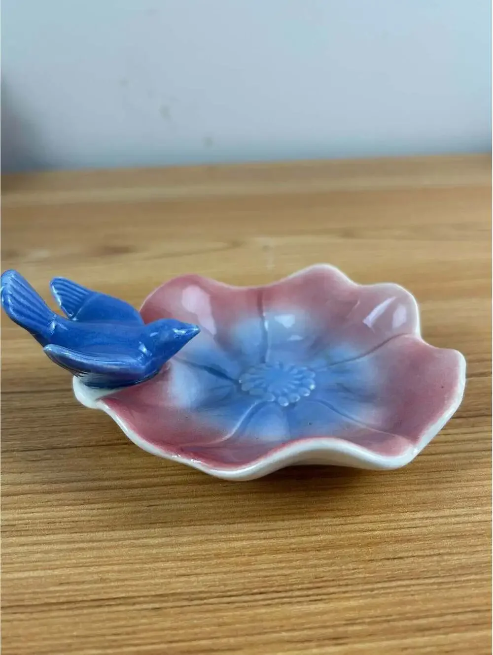 Royal Copely Vintage Art Pottery Blue Bird On Pink Lotus Flower Trinket Dish